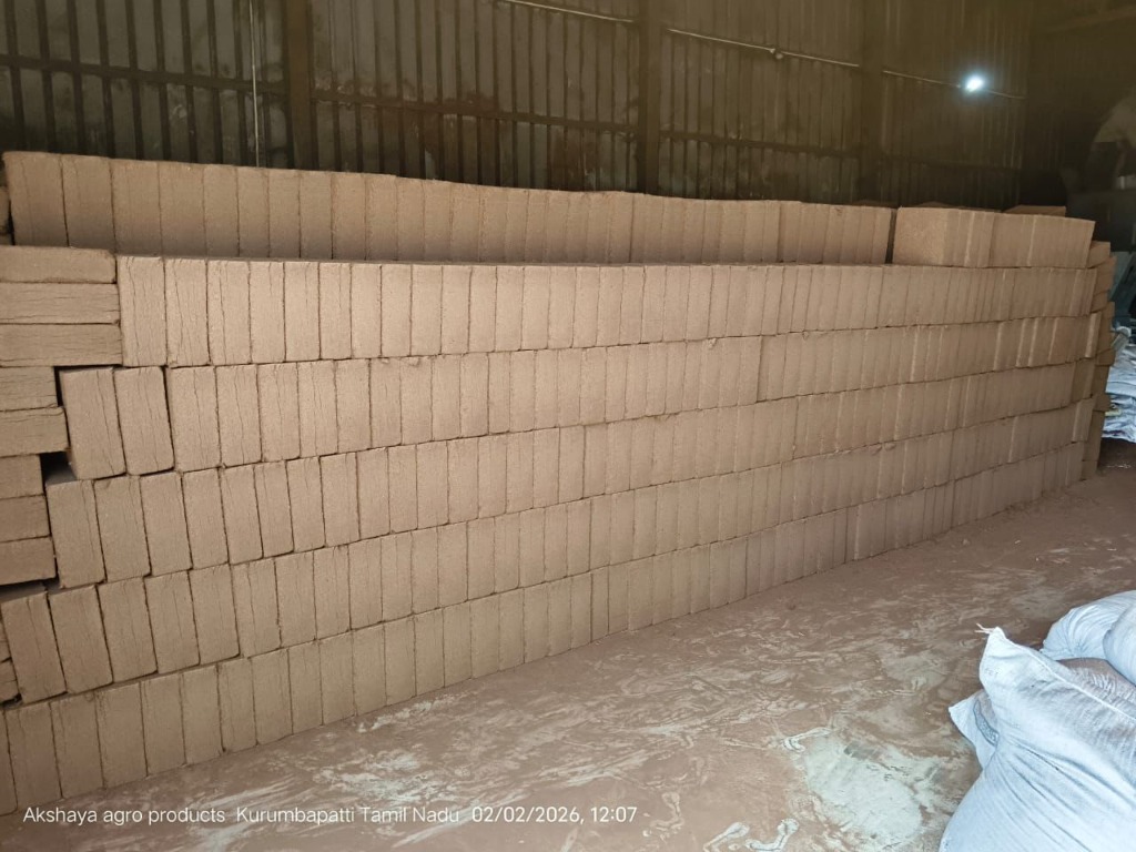 Stacked cocopeat blocks in godown